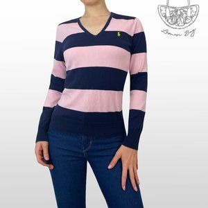 Ralph Laurent Sport / Thick Stripes V Neck Sweater Pullover / Size S / Pink Blue